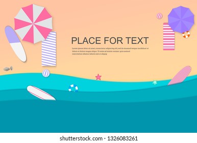 Beach and sand. Vacation on the beach vector illustration. paper umbrellas, water, ball