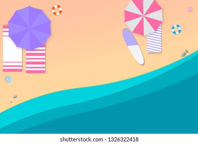Beach and sand. Vacation on the beach vector illustration. paper umbrellas, water, ball