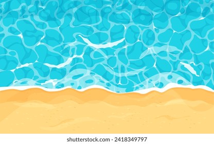 Beach with sand water ripple surface with sunlight reflections in cartoon style, game texture top view. Beach, ocean clean and deep water.