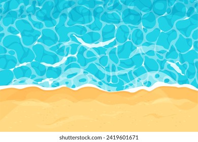 Beach with sand water ripple surface with sunlight reflections in cartoon style, game texture top view. Beach, ocean clean and deep water.