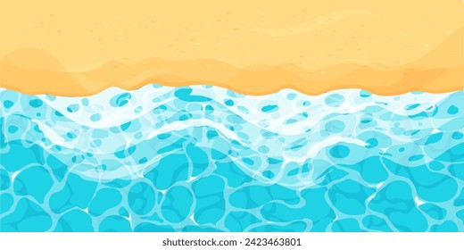 Beach with sand water ripple surface with sunlight reflections in cartoon style, game texture top view. Beach, ocean clean and deep water.