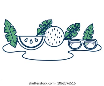 beach sand watermelon coconut sunglasses and palm leaves