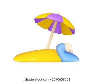 Beach sand with wave and parasol vector 3d icon. Cartoon umbrella on sea shore, cute minimalistic illustration isolated on white background