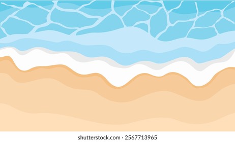 Beach with sand, waves and foam, water ripple surface with sunlight reflections, top view. Summer  background with beach vector illustration for banners, poster, cards, flyers, social media wallpaper