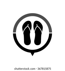 Beach sandals - black vector icon; map pointer;  message bubble