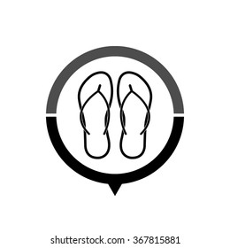 Beach sandals - black vector icon; map pointer;  message bubble