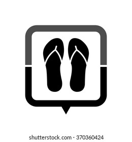 Beach sandals - black vector icon; map pointer;  message bubble