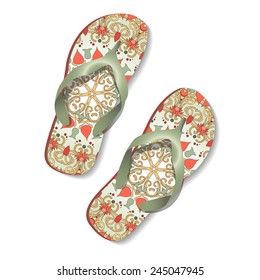 Beach sandals  with floral ornament. Vector pair of flip flops.