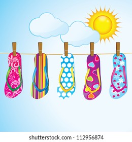 Beach sandals on the rope / Vector  flip flops over landscape
