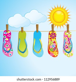 Beach sandals on the rope / Vector  flip flops over landscape