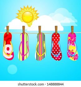 Beach sandals on the rope / Vector flip flops over landscape 