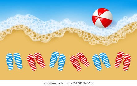 Beach sandals on the seashore and beach ball in sea waves