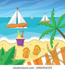 Beach with sandals, sailboat and palm tree. Summer landscape. Vector illustration.