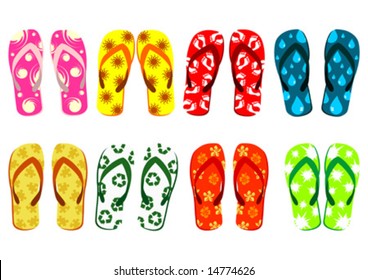 Beach sandals set. Different colorful flip-flops over white background