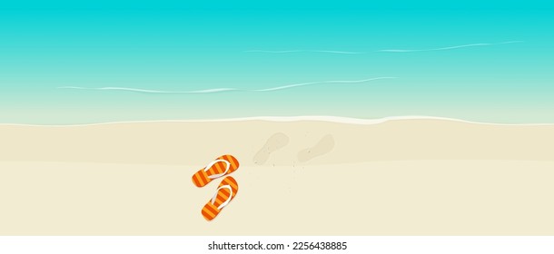 Beach sandals shoe in summer sea white sand relax background banner top view vector image illustration, swim time, above seaside coast peace paradise ocean water for travel holiday vacation graphic