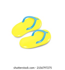 Beach sandals yellow with blue, flip flops on white background, 3d vector illustration