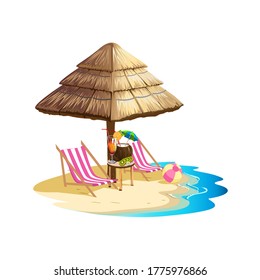 Beach sandbar with chairs and cocktails by the sea. Summer vacation on the beach. Cartoon style. Templates for invitations and advertising. Vector illustration.