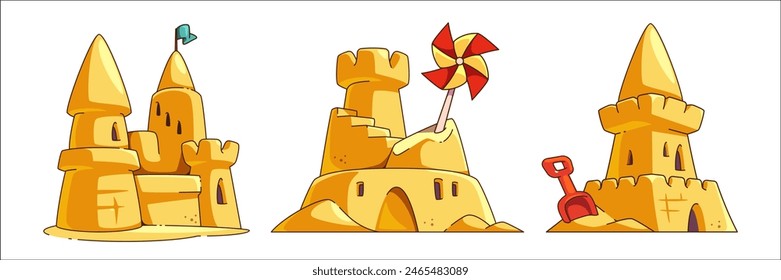 Beach sandcastle to play near sea cartoon vector. Cute sand castle sculpture drawing icon isolated on white background. Kid build palace for princess with shovel and blue flag on yellow tower.