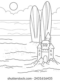 A beach with a sandcastle and surfboards. Coloring page, black and white vector illustration.