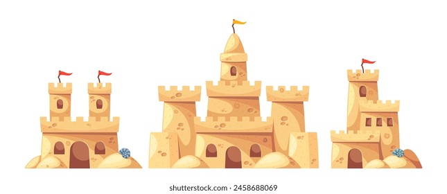 Beach Sandcastles With Tiers And Towers, Embellished With Flags And Surrounded By Scattered Seashells, Sand Castles