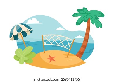 Beach Sandy Island with Palm and Umbrella for Rest Vector Illustration
