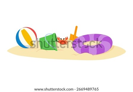 Beach Scene with Ball Bucket Crab Shovel and Inner Tube on Sand Illustration