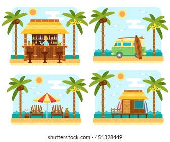 Beach scene with bar, surf van, umbrella, chair and  bungalow hotel. Flat summer palm tree and sea waves vector landscape. 