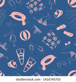 beach scene, bikini, shorts, fins, diving mask, beach ball, sunglasses, duck swimming wheel, pail&shovel, flip flops, sketch style,  pink outlines, on blue background. Vector seamless pattern
