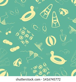Beach scene, bikini, shorts, fins, diving mask, inflatable beach ball, sunglasses, duck swimming wheel, pail and shovel, flip flops, yellow, sketch style, on green background. Vector seamless pattern.