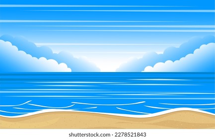 Eine Strandszene mit blauem Himmel und Wolken. Ozean- oder Meereslandschaft. Vektorgrafik.