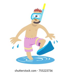 beach scene cartoon illustration of a boy in snorkeling gear