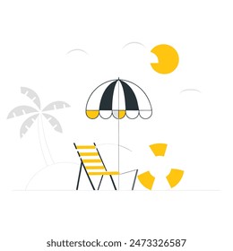 A beach scene with a chair, umbrella, and boat. Scene is relaxed and leisurely