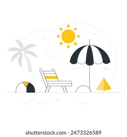 A beach scene with a chair, umbrella, and boat. Scene is relaxed and leisurely
