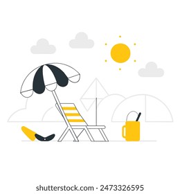 A beach scene with a chair, umbrella, and boat. Scene is relaxed and leisurely