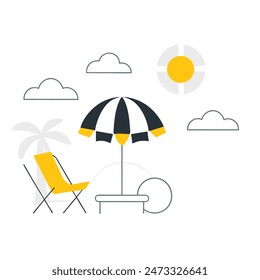 A beach scene with a chair, umbrella, and boat. Scene is relaxed and leisurely