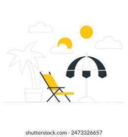 A beach scene with a chair, umbrella, and boat. Scene is relaxed and leisurely