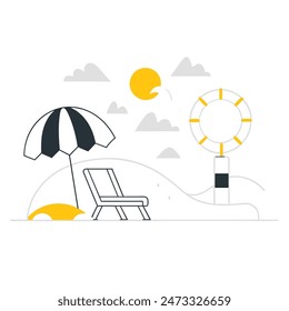 A beach scene with a chair, umbrella, and boat. Scene is relaxed and leisurely