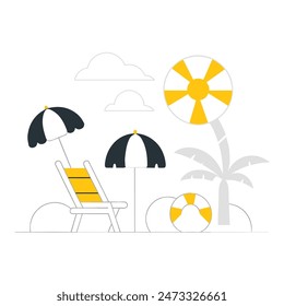 A beach scene with a chair, umbrella, and boat. Scene is relaxed and leisurely