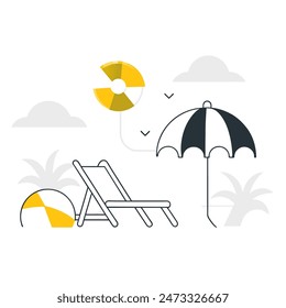 A beach scene with a chair, umbrella, and boat. Scene is relaxed and leisurely