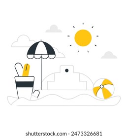 A beach scene with a chair, umbrella, and boat. Scene is relaxed and leisurely