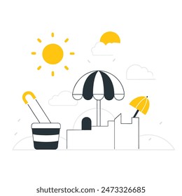 A beach scene with a chair, umbrella, and boat. Scene is relaxed and leisurely