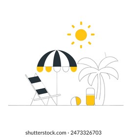 A beach scene with a chair, umbrella, and boat. Scene is relaxed and leisurely