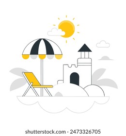 A beach scene with a chair, umbrella, and boat. Scene is relaxed and leisurely