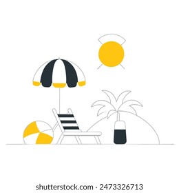 A beach scene with a chair, umbrella, and boat. Scene is relaxed and leisurely