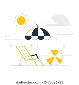 A beach scene with a chair, umbrella, and boat. Scene is relaxed and leisurely
