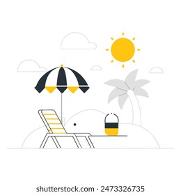 A beach scene with a chair, umbrella, and boat. Scene is relaxed and leisurely