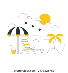 A beach scene with a chair, umbrella, and boat. Scene is relaxed and leisurely