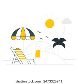 A beach scene with a chair, umbrella, and boat. Scene is relaxed and leisurely