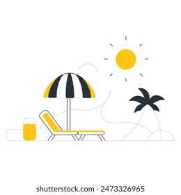 A beach scene with a chair, umbrella, and boat. Scene is relaxed and leisurely
