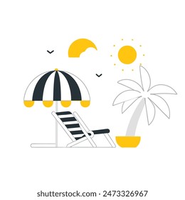 A beach scene with a chair, umbrella, and boat. Scene is relaxed and leisurely